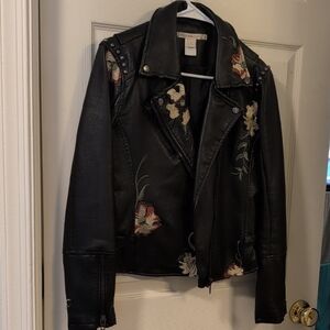 Chelsea & Violet Black Leather Jacket with Floral Embroidery